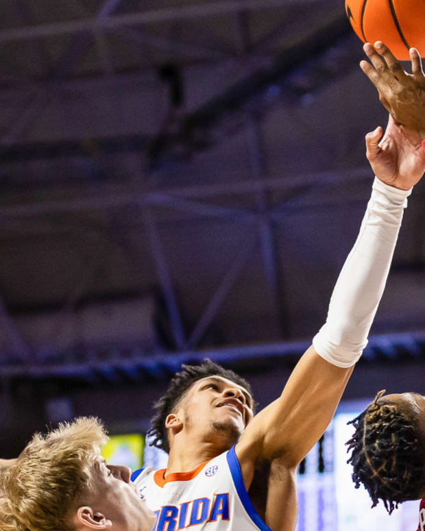 Razorbacks' Layden Blocker puts up a shot against Florida